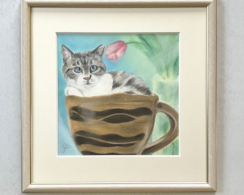抽象的な猫のパステル画 オイルパステル画】『靴下を履いたタキシード猫』 猫の絵 小品