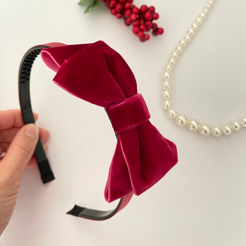 カチューシャ】キッズ リボン ボルドー ベロア ヘアアクセサリー 光沢