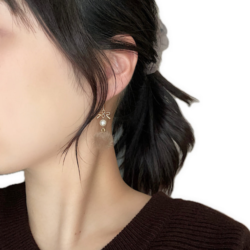 リュバンファー リボンピアス ファーピアス 冬ピアス ピアス（フック 