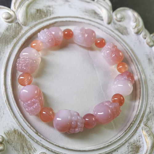 天然石 桜瑪瑙デザインブレスレット 貔貅パーツ 縁起物 ヒマラヤ山脈塩源メノウ貔貅（ヒキュウ）財*運を引き寄せ守護
