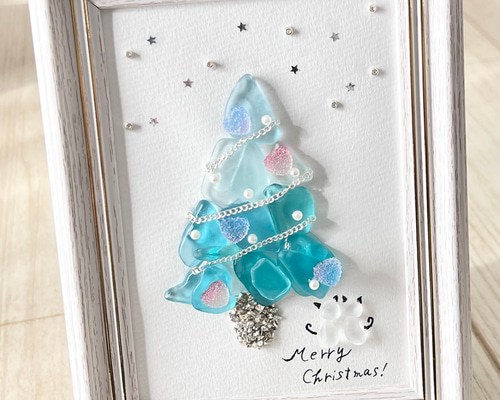 みときち　Xmasを祝うネコ　シーグラス／天然石／壁掛け／猫／クリスマス みときち様専用 Xmasを祝うネコ シーグラス／天然石／壁掛け／猫