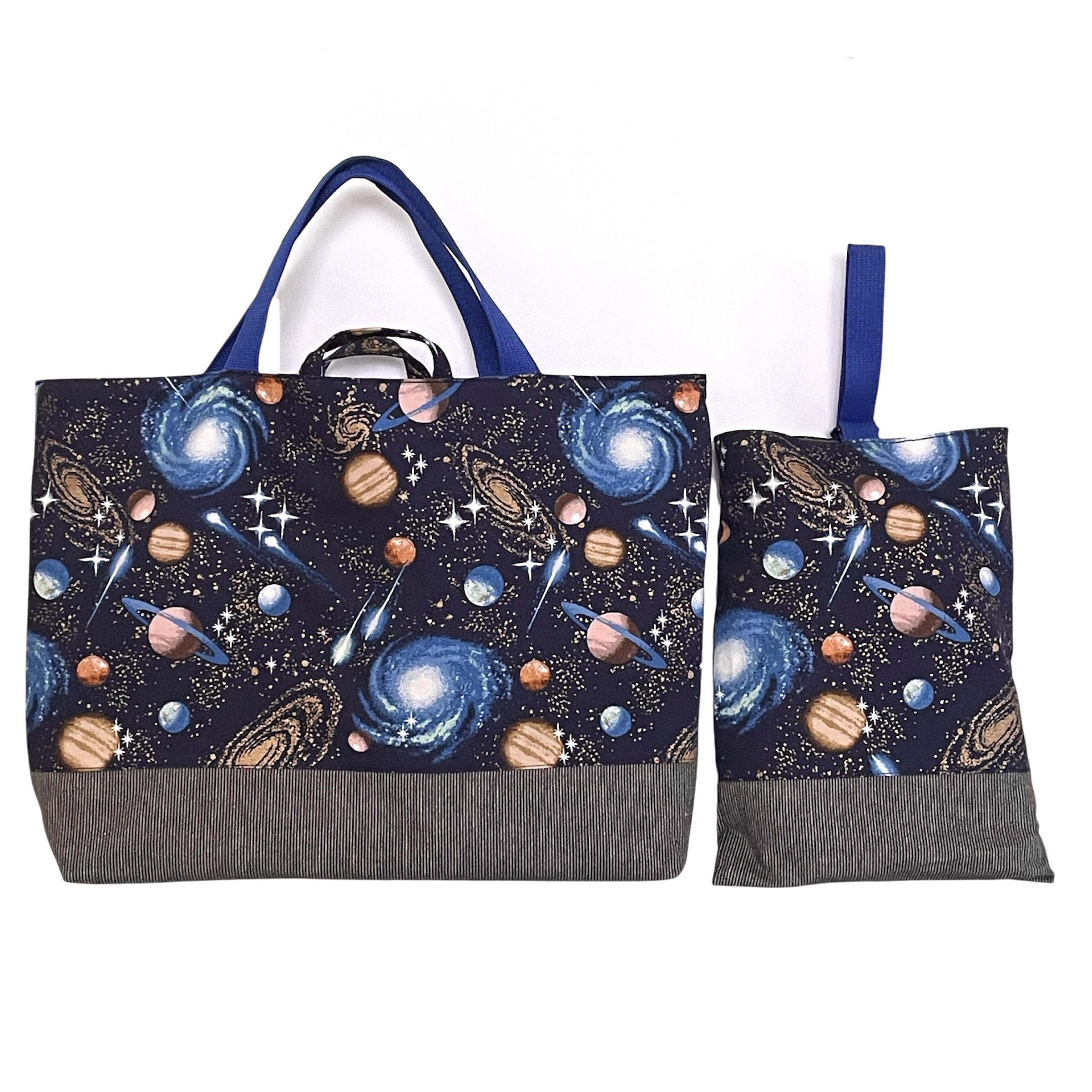 大きめ　宇宙へレッスンバック(35×45)&上履き入れ(30×22)セット　ブルー／黒ナローヒッコリー切替　ループ