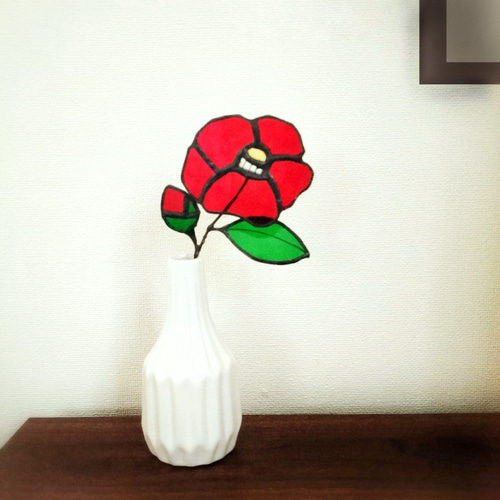 ステンドグラスの花 椿 お正月飾り つばき 一輪挿し・花瓶・花器 cerry
