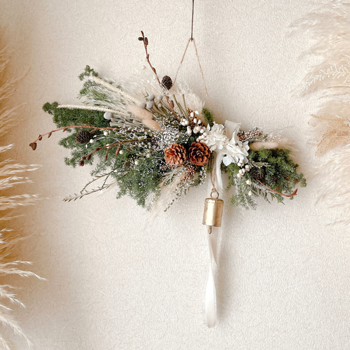 クリスマススワッグ カウベル ドライフラワー 横長スワッグ