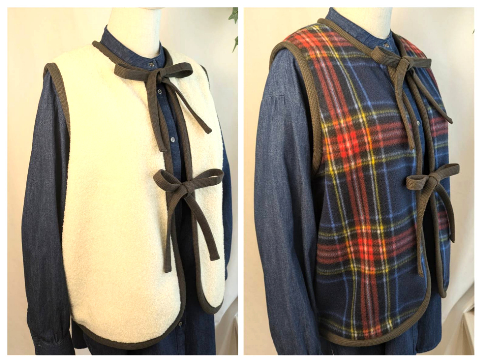 リバーシブル テディファーとタータンチェックのベスト【生成り】