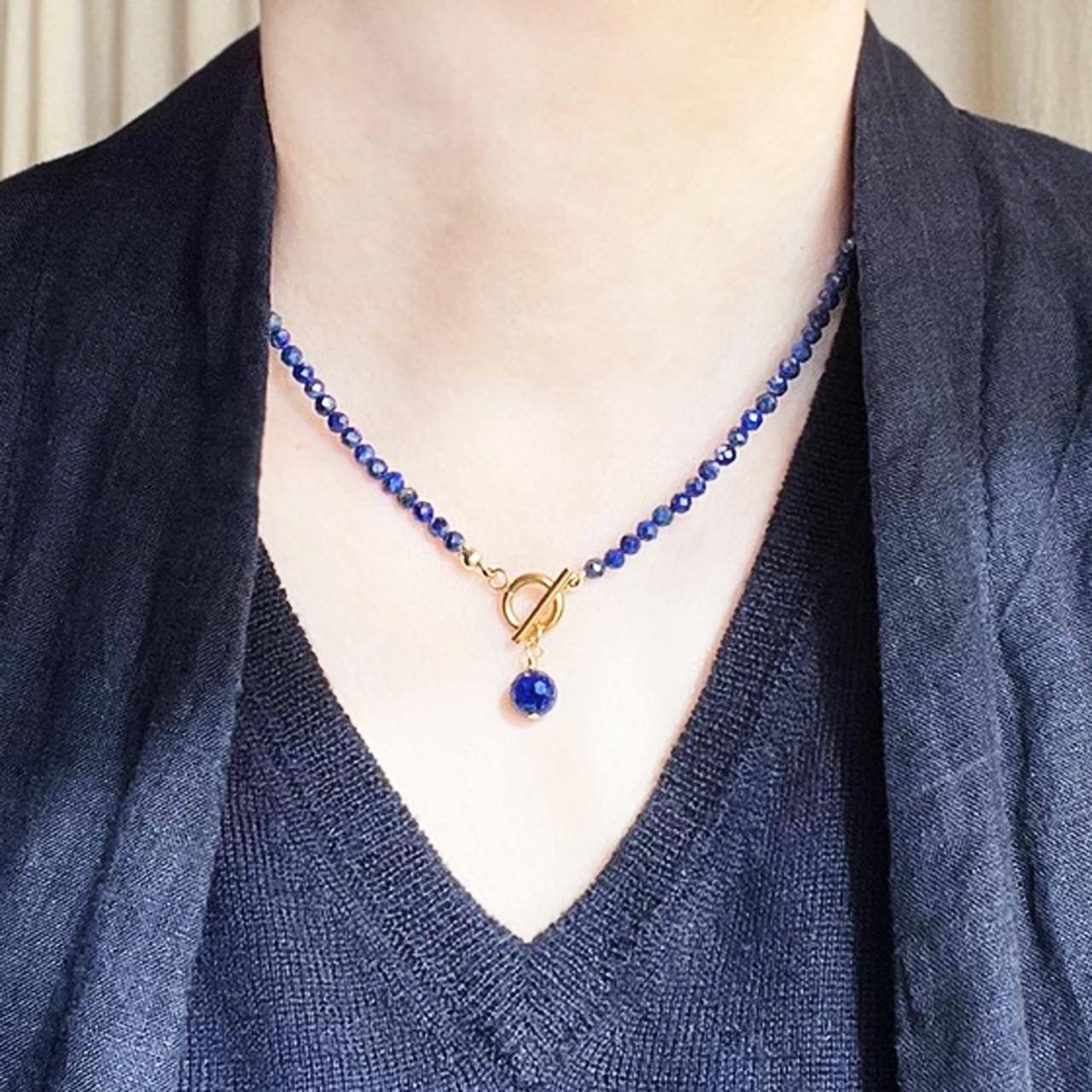 【再販 /2WAY 】ラピスラズリマンテルネックレス  天然石 ブルー ビーズ　冬の誕生石2025