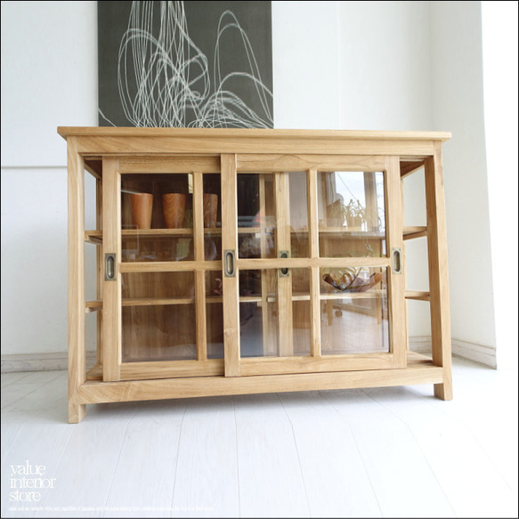 値下げ！チーク総無垢引出し三段ガラスキャビネット★インドネシア valueinteriorstore_cabinet40