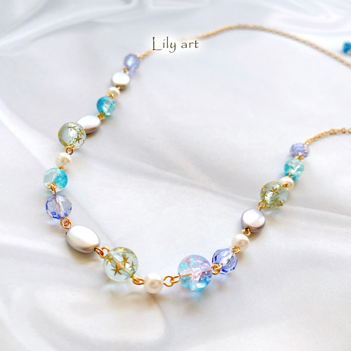 キッズ☆lightblue＆gray星型ビーズなどのロングネックレス 雑貨