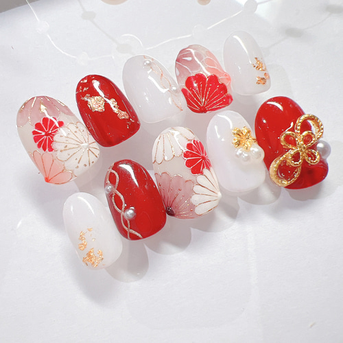 011 赤系（和装ネイルチップ）成人式、卒業式、結婚式、和装に