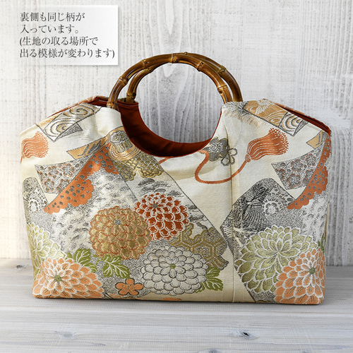着物リメイク バッグ【バンブーハンドル帯バッグ （特大）平安絵巻柄