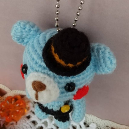 シルクハット＊水色クマさん＊編みぐるみキーホルダー＊ あみぐるみ