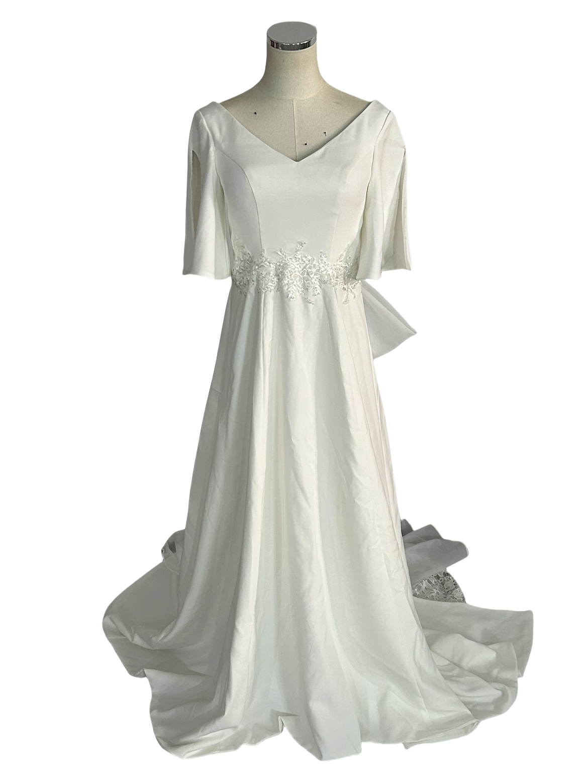 パーティードレス クレープ生地 Vネックドレス  華やかなトレーン 魅惑の花レース くるみボタン 前撮り