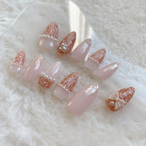 ピンクブラウン／ツイードネイル ＊ ネイルチップ ネイルチップ（つけ