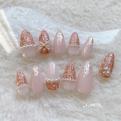 ピンクブラウン／ツイードネイル ＊ ネイルチップ ネイルチップ（つけ