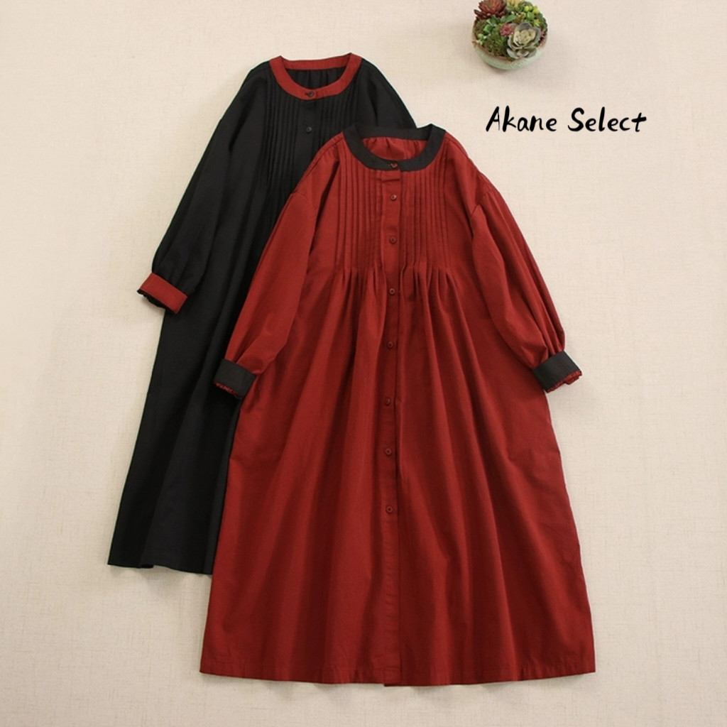 【可愛い長袖ワンピース★丸ネック】秋新作│バイカラー│バルーンスリーブ│カジュアルな森ガール風│O-75LB