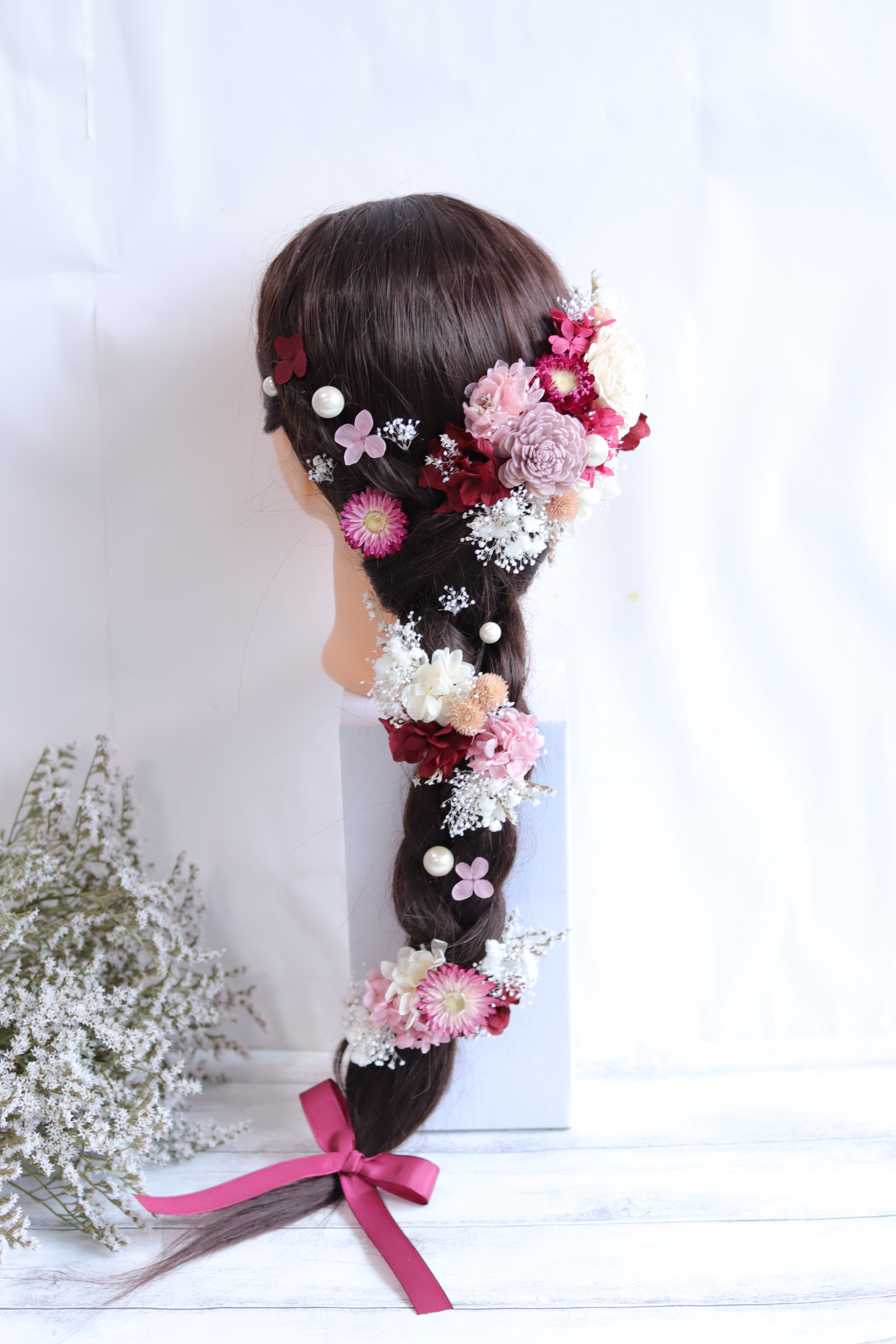【カラーオーダーＯＫ】クラシカルピンク&ボルドーのナチュラルヘッドドレス＊プリザーブドフラワー&ドライフラワー