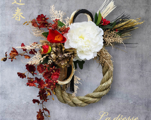 華やぎ白芍薬｜モダンお正月飾り迎春しめ縄／白芍薬と椿のしめ飾り