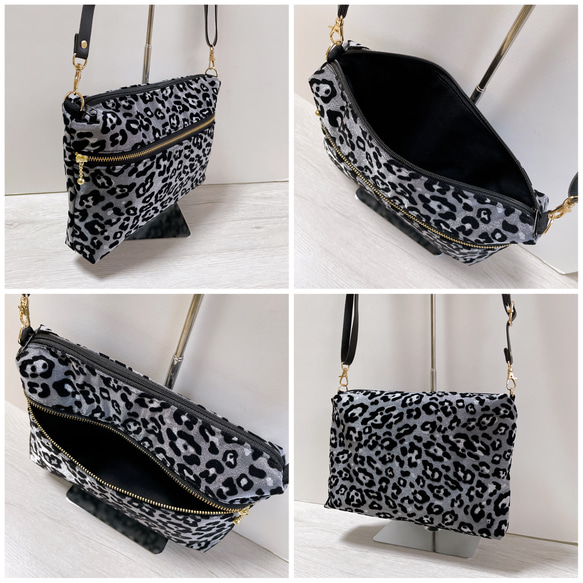ヒョウ柄グレー ショルダーバッグ/豹柄 スマホショルダー ポシェット 抱っこ紐ポーチ ベビーカー/ラメ/合皮ストラップ 3枚目の画像