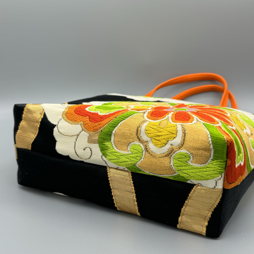 着物 帯 帯締め リメイク トートバッグ ハンドメイド 黒 金刺繍