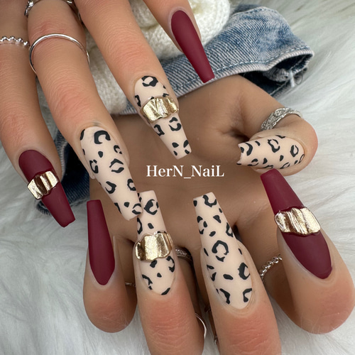 ネイルチップ　ヒョウ柄ネイル　アクセサリーネイル　リングネイル ボルドーレオパードリングネイルチップ ネイルチップ（つけ爪