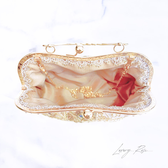 新作❤︎優しい輝きゴールド❤︎異国情緒漂う魅惑の高級インド刺繍レース❤︎フォーマルバッグ　パーティーバッグ　ミニバッグ 12枚目の画像