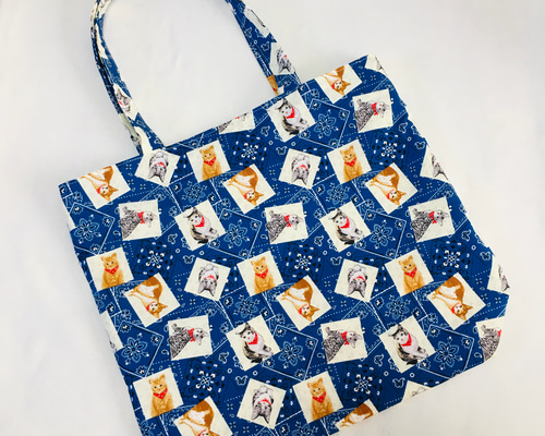 猫柄クタッとスクエアトートバッグ（青）＊ハンドメイド トートバッグ