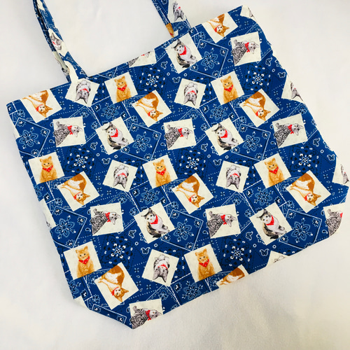 猫柄クタッとスクエアトートバッグ（青）＊ハンドメイド トートバッグ 
