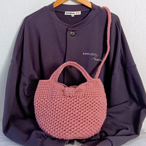 ニットバッグM (リボン2way:アースピンク） 編み物 トートバッグ 月と