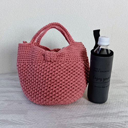 ニットバッグM (リボン2way:アースピンク） 編み物 トートバッグ 月と