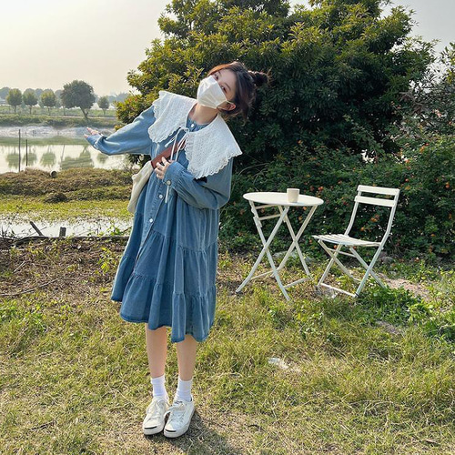 大きいサイズ レディース 襟付き デニム ワンピース 春夏 秋