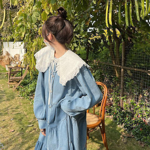 大きいサイズ レディース 襟付き デニム ワンピース 春夏 秋