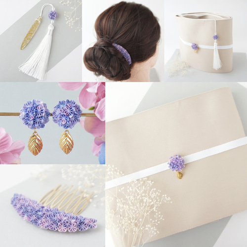 帯留め 「 紫陽花 しっとり紫 」 つまみ細工 帯飾り 人気 紫色 梅雨 夏