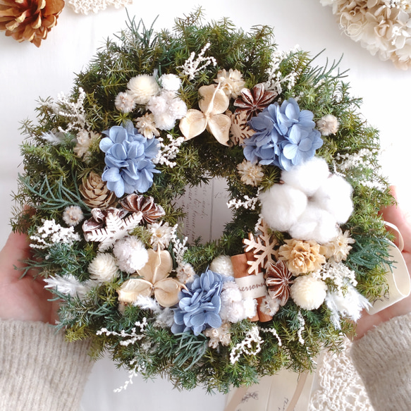 コットンリース ホワイトコットン×木の実 20cm 綿の実 ホワイト ワタ