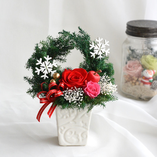 高級感あふれる赤いプリザーブドフラワーのフラワーリース 大型直径35cm プリザーブドフラワーの赤いリース】赤 ドライフラワー