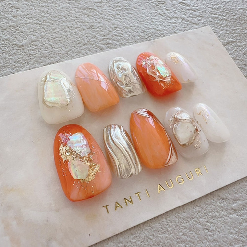 オレンジ色 ネイルチップ ニュアンス 乳白色 ホワイト 成人式 入学式