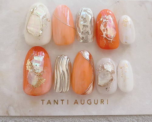 オレンジ色 ネイルチップ ニュアンス 乳白色 ホワイト 成人式 入学式