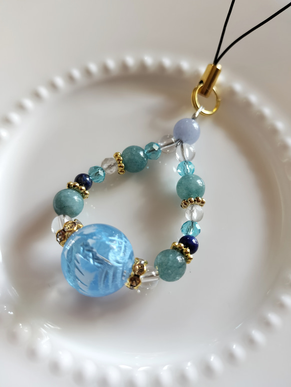 天然石ストラップ　大玉 天然石ストラップ✨人間関係・対人関係✨アクアマリン×青龍水晶大玉