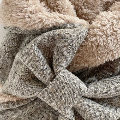 ふんわり♪リボンマフラー｜ネップクロス(ナチュラルグレー) × ファー