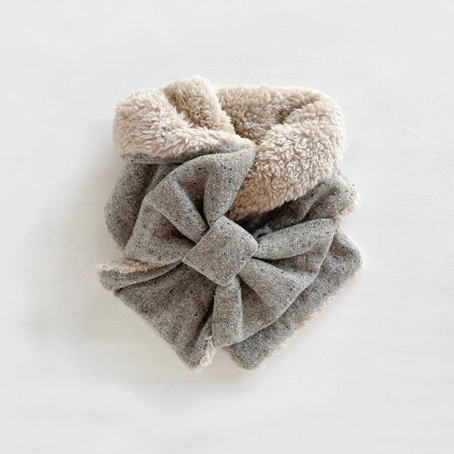 ふんわり♪リボンマフラー｜ネップクロス(ナチュラルグレー) × ファー