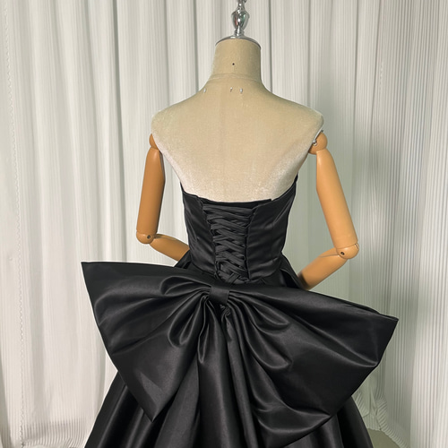 送料無料！色直し パーティードレス 黑 ベアトップ リボン サテン  