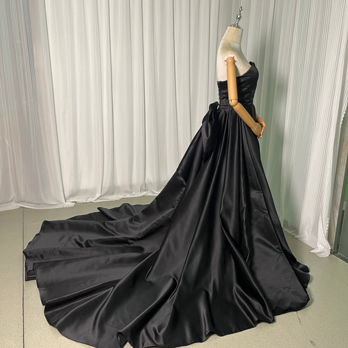 送料無料！色直し パーティードレス 黑 ベアトップ リボン サテン  