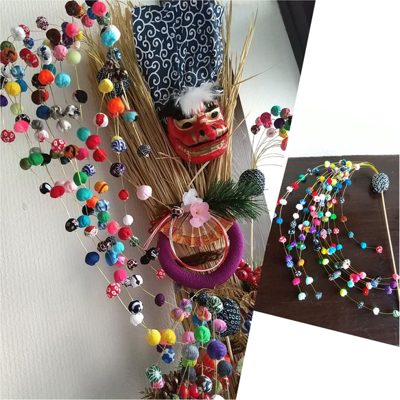 2025ボリュームポンポン玉飾り棒3本セットちりめん細工年賀年始元日 和風インテリア♪ボリュームポンポン玉飾り棒ちりめん細工おひなさま