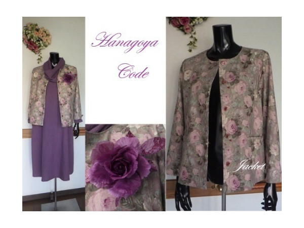 ローズ柄綿麻3ポケットノーカラージャケット(ML) Hanagoya Code