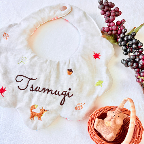 名入れ刺繍 もくもくスタイ《きつねともみじ》 スタイ・よだれかけ