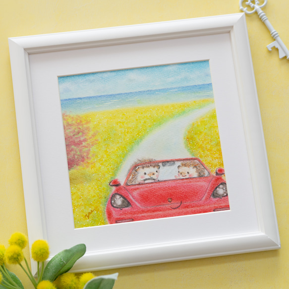 原画】「オープンカーでドライブデート」はりねずみ パステルアート 春