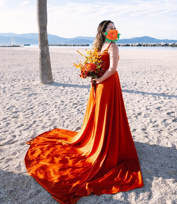 実例写真！パーティードレス キャミソール テラコッタ色 ビスチェ