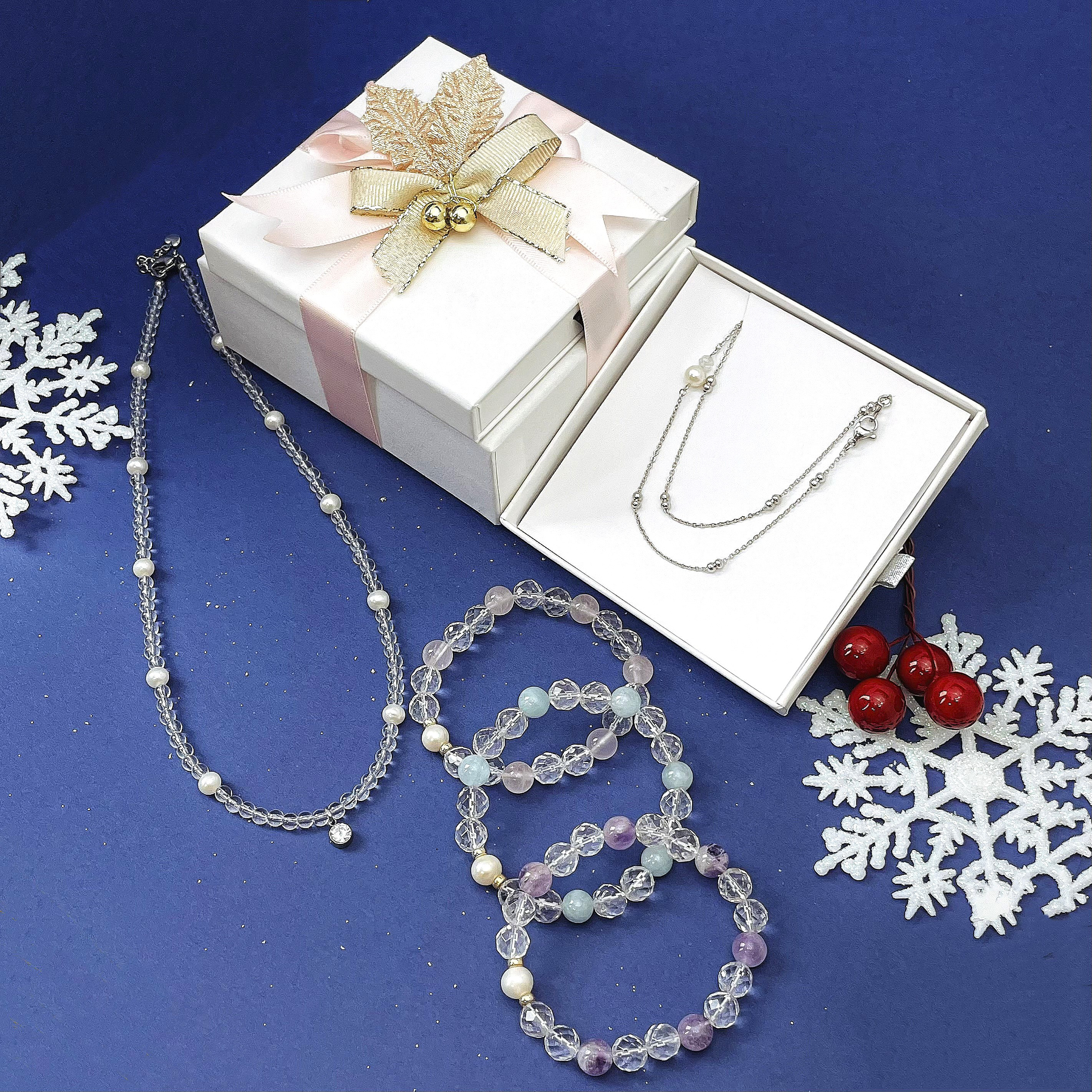 【K18☆】選べる天然石ブレスレット水晶とパールのネックレスと3点セット☆イニシャル 刻印