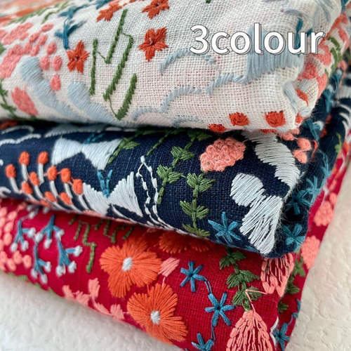 s21-r▽コットンリネン刺繍生地▽花柄 ボルドー 高級感 上品 立体感