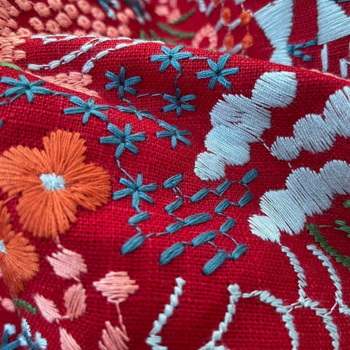 s21-r▽コットンリネン刺繍生地▽花柄 ボルドー 高級感 上品 立体感