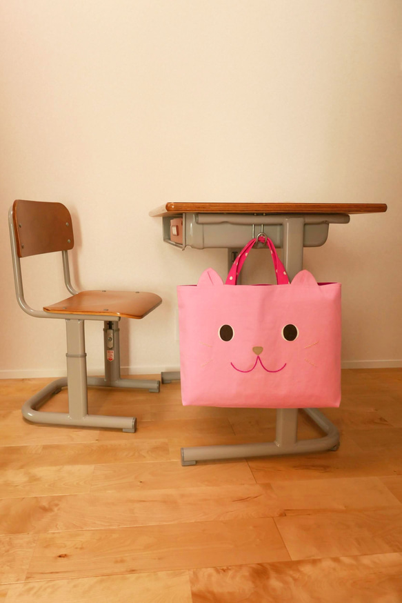 10.レッスンバッグ 3点セット 猫 くすみピンク ダマスク ハンドメイド ピンクデニム ネコさん レッスンバッグ 女の子 レッスンバッグ nunon
